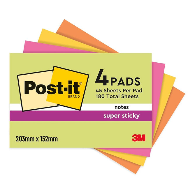 Post-it Super Sticky Meeting Notes, 4 Pads (180 Sheets), 203 mm x 152 mm