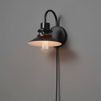 Globe Electric Wren 1-Light Plug-in or Hardwire Wall Sconce, Matte Black, 6ft Black Braided Fabric Designer Cord, in-Line On/Off Rocker Switch