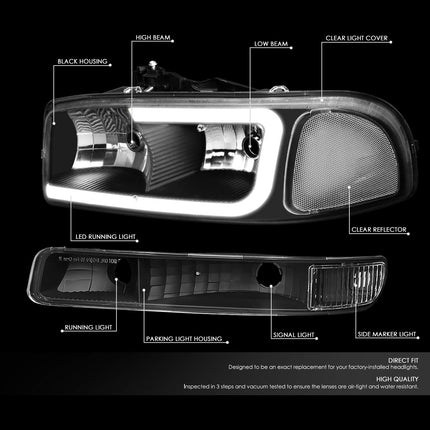 DNA MOTORING HL-LB2-SIERRA99-BK-CL1 Luces de Parachoques de Carcasa Negra+Faros Delanteros con DRL LED de Repuesto Compatible con Sierra 99-06