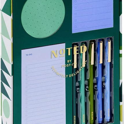 Post-it Noted by Printed Notes Gift Box, 4 Piece Set, Cool Colors, Includes Round, Square, Mini List Sticky Notes, 3-Pack Pens