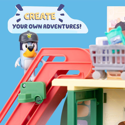 Bluey Supermarket Playset, 3 Different Levels With Exclusive Bluey and Bingo Figures. Includes Working Escalator, 24 Sounds and 15+ Play Pieces Plus Fun Intercom, Over 40cm (15") Tall.