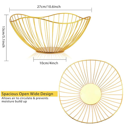 Metal Wire Fruit Basket, Gold Fruit Bowl for Kitchen Counter, Fruit Holder Stand Storage Baskets for Countertop, Home Decor, Table Centerpieces, Vegetable Bowls for Fruits, Veggies, Snacks (Gold)