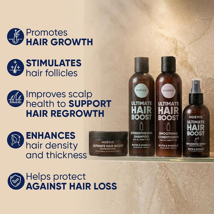 Moerie Shampoo and Conditioner Plus Hair Mask and Spray Mega Pack – The Ultimate Growth Care – For Longer, Thicker, Fuller Hair - Volumizing Products – Paraben & Silicone Free (Set of 4)