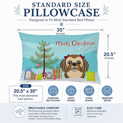 Caroline's Treasures BB1621PILLOWCASE Christmas Tree And Chocolate Brown Shih Tzu Fabric Standard Pillowcase, Large, Multicolor
