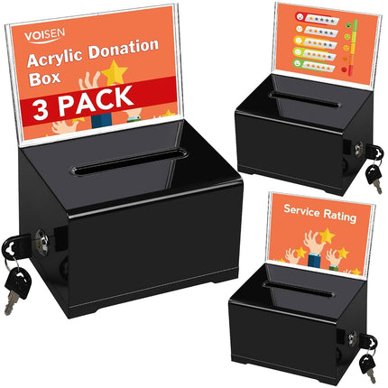 VOISEN Acrylic Donation Box with Lock, 3 Pack Blac