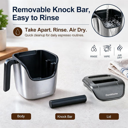 Ourokhome Espresso Knock Box with Lid, Compact Coffee Grounds Container for Home Coffee Bar, Removable Knock Bar, 304 Stainless Steel Exterior, Non-Slip Base & Handle, Easy Clean