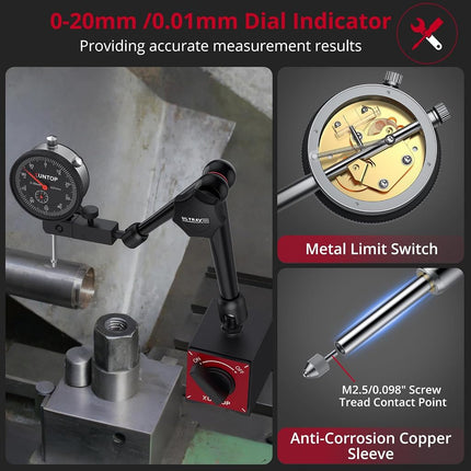 XUNTOP Dial Indicator 20mm/0.01mm with 176lbs/80kg Magnetic Base,Imperial Dial Test Gauge Set for Lathe,3D Printer,CNC,Car,Laboratory