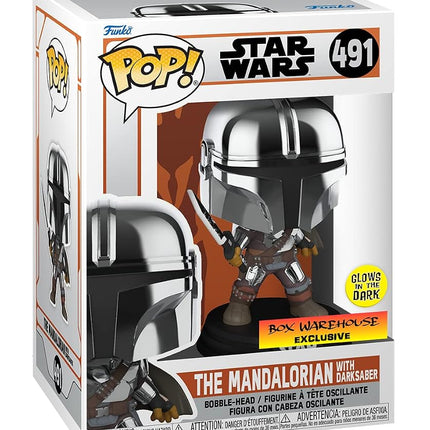 Funko POP! Star Wars Mandalorian with Darksaber (Chrome & Glow in The Dark), Exclusive,Multicolor,3.75 inches