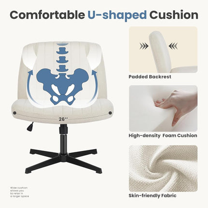 DUMOS Desk Chair No Wheels, Criss Cross Chair Wide Cross Legged Office Desk Vanity Comfy Chair, Armless Adjustable Swivel Chairs for Home Computer Task Beige