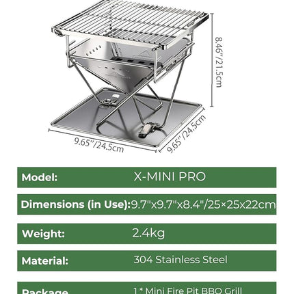 CAMPINGMOON Portable Charcoal Grill 9.65 Inch Stainless Steel Tabletop Grill Fire Pit 3 Level Adjustable Height Grill for Camping Outdoor Cooking Barbecue Carry Bag X-MINI-PRO