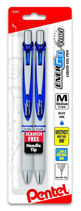 Bolígrafo de gel líquido retráctil Pentel EnerGel Pearl, punta de aguja (0.7mm) trazo medio, tinta azul, paquete de 2 (BLN77WBP2C)
