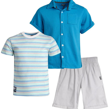 DKNY Conjuntos de pantalón corto para niños - Conjunto de 3 piezas con camisa abotonada de manga corta, camisetas de cuello redondo para niños y pantalones cortos de sarga para niños pequeños, Azul Nublado, 4