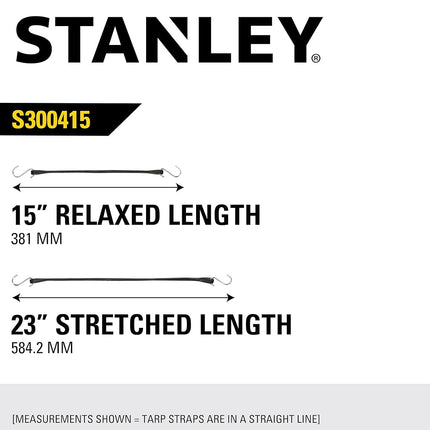 STANLEY S300415 Black 15" All-Weather Rubber Bungee Cords with S-Hooks for Securing Tarps, Flatbed Hauler and Boat Covers, Storage, and Cargo, 10 Pack