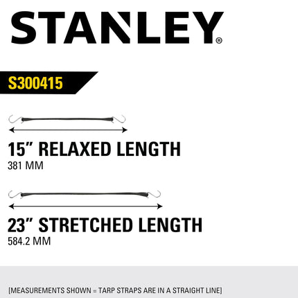 STANLEY S300415 Black 15" All-Weather Rubber Bungee Cords with S-Hooks for Securing Tarps, Flatbed Hauler and Boat Covers, Storage, and Cargo, 10 Pack