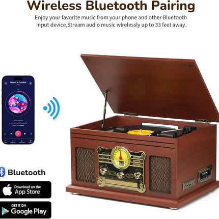 FEKTIK 10 in 1 Bluetooth Record Player, 3-Speed Turntable for Vinyl with Speakers, LP to MP3 Converter, CD, Cassette Player, FM Radio, Wireless Streaming | Mahogany