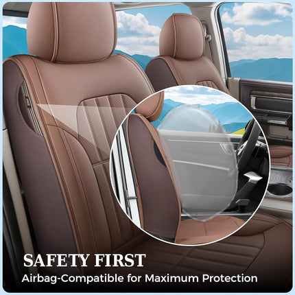 Truckiipa Seat Covers for Dodge Ram 1500 Full Set, Full Coverage Waterproof Leather Protectors Pickup Truck Accessories, Custom Fit for 2002-2023 Ram 1500 2500 3500 Crew Mega Cab, Brown