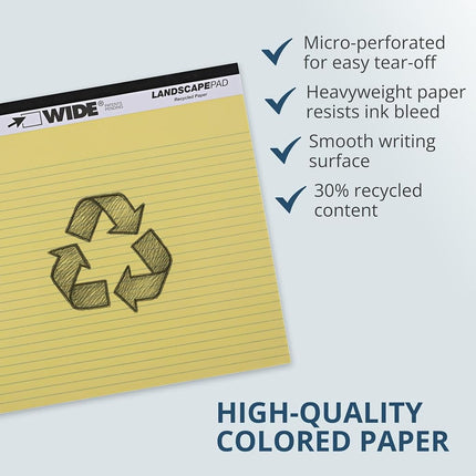 ROARING SPRING Wide Landscape Legal Pad, Canary Yellow, 12 Pads, 11" x 9.5", College-Ruled with Margin, 20 lb Recycled Paper, 40 Perforated Sheets, Made in USA