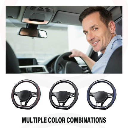 Ergocar Car Steering Wheel Cover Non-slip Car Steering Wheel Protector Sport D-shape Carbon Fiber & First Layer Cowhide Universal For Diameter 38cm(15") (D-Black)