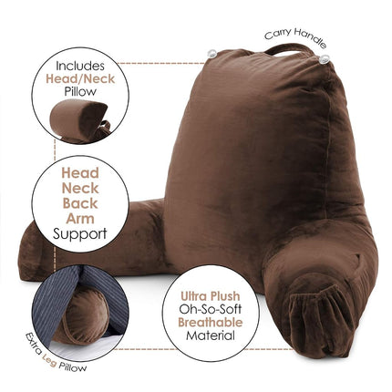 Clara Clark Reading, Bed Rest Arms for Kids Teens & Adults Premium Shredded Memory Foam TV Pillow, Large, Brown
