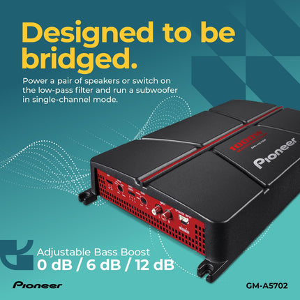 Amplificador para coche Pioneer GM-A5702 de 2 canales – 1000 W máx., clase AB, diseño puenteable, puenteable, filtros variables, alta potencia