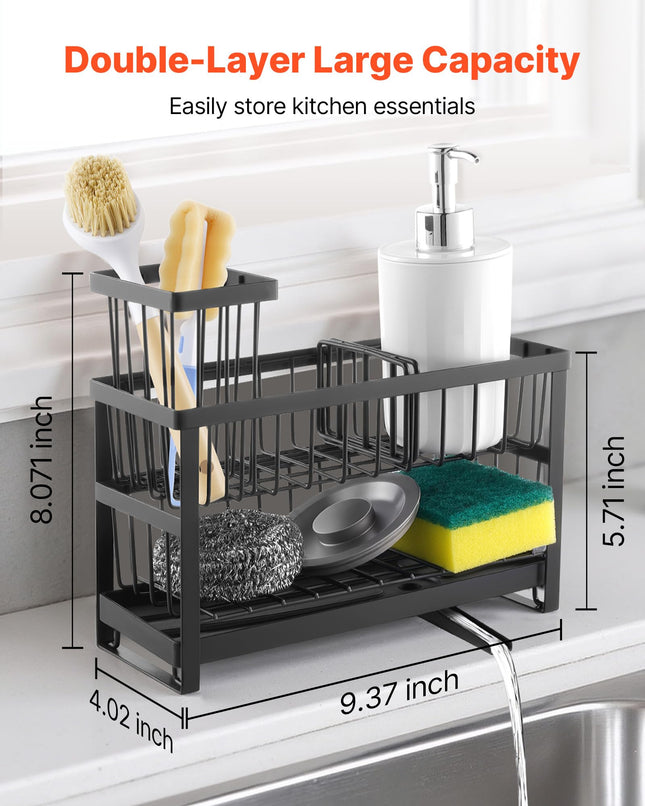VEVOR Kitchen Sink Caddy Organizer, 2 Tier Sponge Holder for Kitchen Sink with High Brush Holder & Divider, Storage Rack with Rotatable Drainage Spout, Countertop Organizers and Storage Essentials