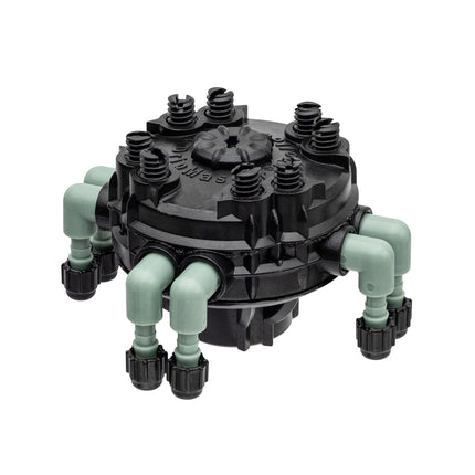 Orbit 61008 Colector de riego por goteo de 8 puertos de flujo ajustable para tubo de 1/4"