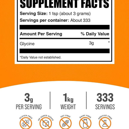 BulkSupplements.com Glycine Powder - Glycine Supplements, Glycine 3000mg - Glycine Amino Acid Supplement, Pure & Gluten Free - 3000mg per Serving, 1kg (2.2 lbs) (Pack of 1)