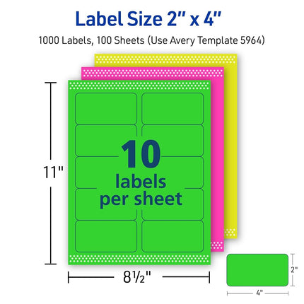 Avery Printable Shipping Labels with Sure Feed, 2" x 4", Assorted Neon (Magenta, Green and Yellow), 1,000 Blank Mailing Labels (5964)