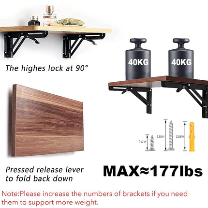 AUTOHJ Folding Shelf Brackets - 10 Inch 4 Pcs Heavy Duty Metal Collapsible Triangle Shelf Bracket, DIY Wall Mounted Foldable Shelf Bracket, Space Saving for Bench Table