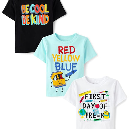 The Children's Place Baby Boys Educational Short Sleeve Graphic T Shirt, Be Kind/Colors/First Day of Pre-k 3-Pack, 3T