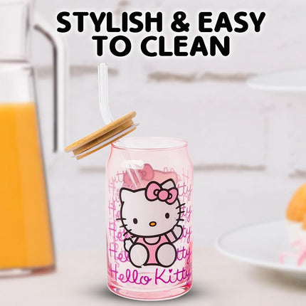 Silver Buffalo Hello Kitty Glass Jar Tumbler with Bamboo Lid, 16oz