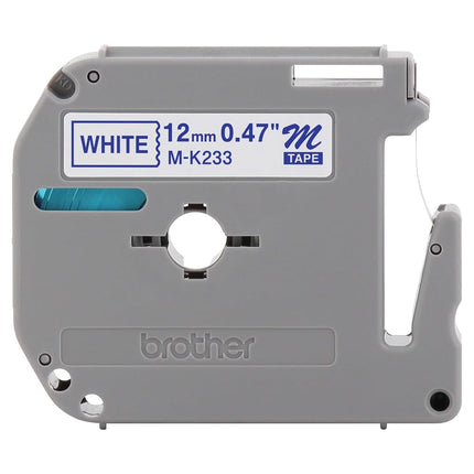 Cartucho de cinta Brother de 1,27 cm de ancho, no laminado, azul sobre blanco (MK233) - Embalaje minorista