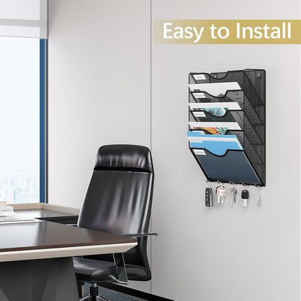 EasyPAG Wall File Organizer 5 Tier Wall Mounted Document Holder Hanging File Folders for Office,Study, Classroom Organization with Key Hooks,Black
