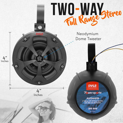 Pyle 2-Way Waterproof Off Road Bluetooth Speakers- 4" 800W Active Passive Marine Grade Wakeboard Tower Speakers w/RGB Light, Full Range Outdoor Audio Stereo Speaker for ATV/UTV, Jeep, Boat
