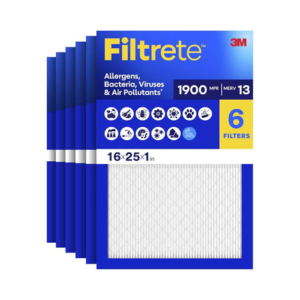 Filtrete 16x25x1, filtro de aire para horno de CA, MPR 1900, Alérgenos Definitivos para una Vida Saludable, Paquete de 6 (Dimensiones exactas 15.69 x 24.69 x 0.78)