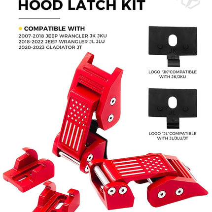 Xprite Aluminum Red Hood Latches with U.S. Flag, Adjustable Hood Latch Catches Kit Compatible with Jeep Wrangler JK JKU 2007-2018 & Jeep Wrangler JL JLU 2018-2021 Gladiator JT