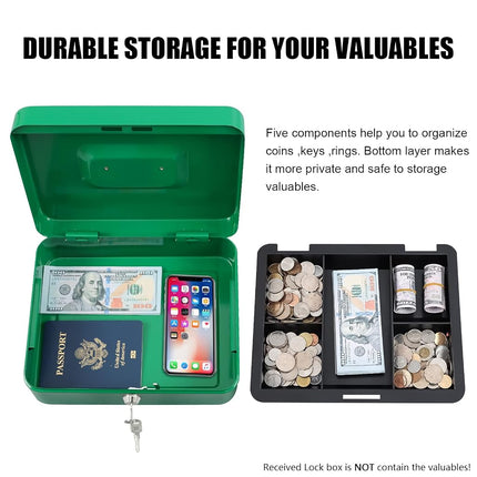 KYODOLED Large Cash Box with Combination Lock,Safe Metal Box for Money, Storage Lock Box with Money Tray,9.84"x 7.87"x 3.54" Green Large