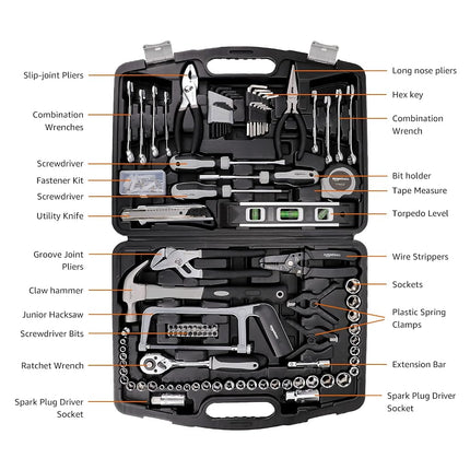 Amazon Basics 173-Piece General Household Hand Tools Set, Alloy Steel, Non-Slip Handles, Blow-Moulded Case, 42.9 x 32.2 x 8.5 cm, for Home Repair & Maintenance