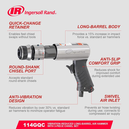 Ingersoll Rand 114GQC Air Hammer - 3 PC Chisel Set with Tapered Punch, Panel Cutter, Flat Chisel, 2-5/8 Inch stroke, 3500 BPM, Lightweight, Compact, Gray