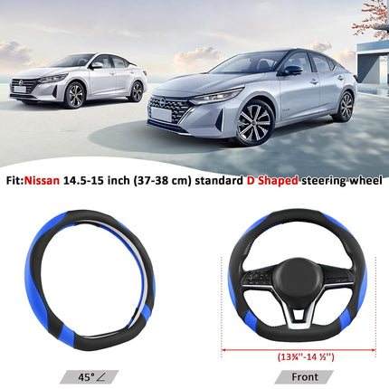 West Llama Flat Bottom Car Steering Wheel Cover for Nissan,D Shaped Steering Wheel Cover for Rogue,Altima,Kicks (Black+Blue-Standard Size)