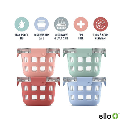 Ello Duraglass Paquete de 4 recipientes de vidrio reutilizables de 2 tazas con tapas a prueba de fugas y fundas protectoras de silicona | Perfectos para avena nocturna, refrigerios, yogur | Sin BPA | Aptos para lavavajillas | Melón