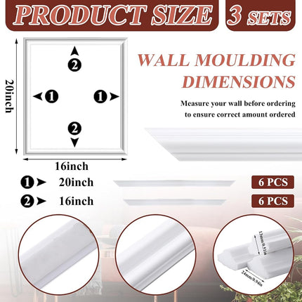 Colingmill 3 Set Accent Wall Molding Kit Premade Wainscoting Panels Wall Molding Peel and Stick Panel White Pre Cut Trim for Walls Picture Frame Molding for Home Decoration(16 x 20 Inch)