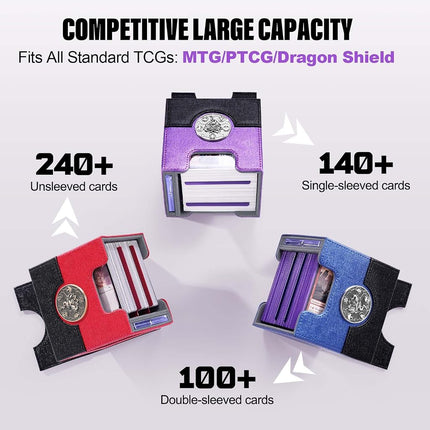 Kabinka Commander Deck Box for MTG with Metal Emblem, Card Deck Box with Dice Tray, Hold 100 Double-Sleeved Cards for TCG/PTCG, Cards Storage Case with 35PT Magnetic Card Holder (Black& Purple, Lotus)