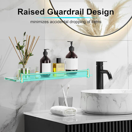 KOCOK 20 Inches Glass Shelves for Bathroom, Brushed Gold Floating Glass Shelf Stainless Steel Tempered Glass Bathroom Shelves for Wall Mount Modern