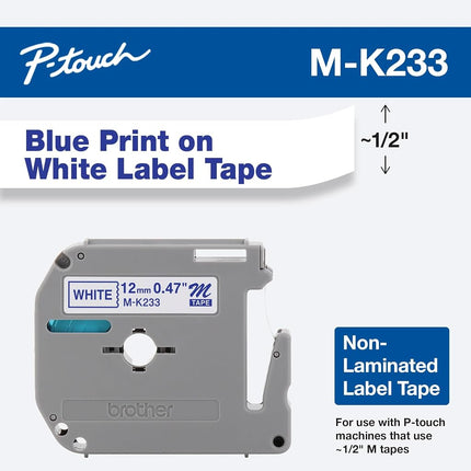 Cartucho de cinta Brother de 1,27 cm de ancho, no laminado, azul sobre blanco (MK233) - Embalaje minorista