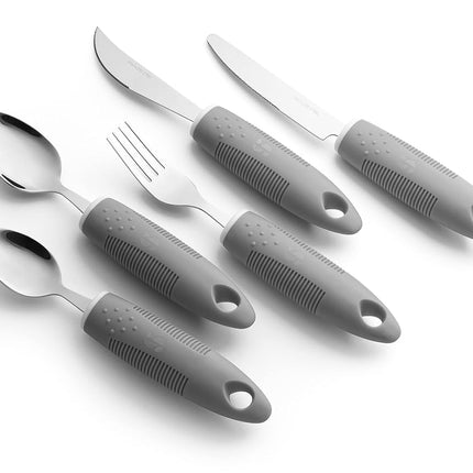 (Grey) - Adaptive Utensils (4-Piece Kitchen Set) Wide, Non-Weighted, Non-Slip Handles for Hand Tremors, Arthritis, Parkinson's or Elderly use Stainless Steel Knife, Fork, Spoons - Grey