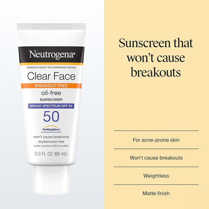 Neutrogena Clear Face Liquid Lotion Sunscreen for Acne-Prone Skin, Broad Spectrum SPF 50 UVA/UVB Protection, Fragrance & Oxybenzone Free Facial, Non-Comedogenic, Unscented, 3 Fl Oz