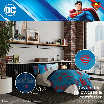 Franco Comforter and Sheet Set with Sham, Microfiber, Superman, 5 Piece Twin Size