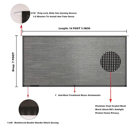 Tentproinc RV Awning Sun Shade Screen 7' X 14' 3'' Black Mesh Screen Sunshade Complete Kits Motorhome Camping Trailer Awning Shade Screen UV SunBlocker Canopy Shelter - 3 Year Warranty