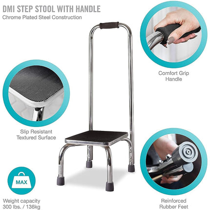Duro-Med Step Stool with Handle, Silver and Black Medical Step Stool, Step Height 8.75 Inches